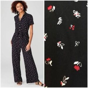 J. Jill Black Floral Jumpsuit 2X tie waist wide leg button front flowy red ditsy